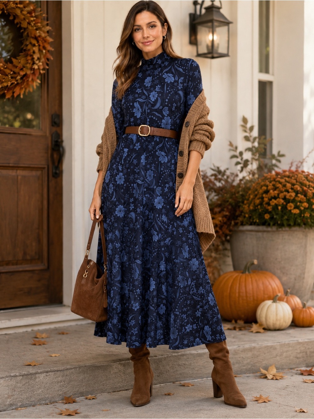 LOFT Navy Blue Floral Celestial Mock Neck Midi Dress – Size M NWOT